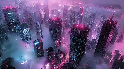High angle view of futuristic cityscape, where sleek skyscrapers touch the clouds, neon lights illuminate the streets, and advanced technology seamlessly integrates with daily life.