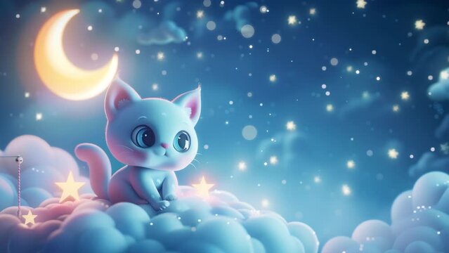 Cute cartoon animal, 3d art style, bokeh background. Stylized little kitty on the cloud. Moon and stars, sweet dreams, night concept. banner, backdrop. Cute character for kids, looped animation