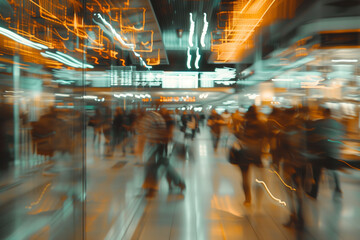 Busy airport terminal with blurred motion