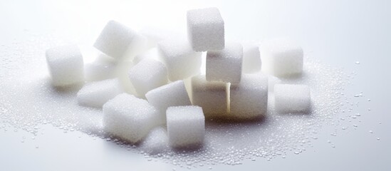 A stack of sugar cubes is neatly arranged on top of a table. The cubes are uniform in size and shape, forming a neat and organized pile. The white background contrasts with the whiteness of the sugar