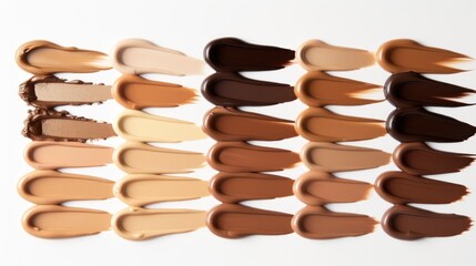 a group of different shades of foundation on a white background with a shadow of various shades of foundation on the right side of the image.