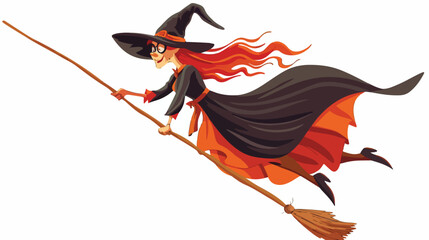 A cartoon witch flying on a broomstick. isolated on