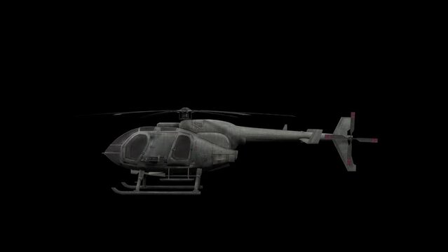 4k Light utility Helicopter Realistic 3D flying loop on the sky with side angle view animation on a black background, Military helicopter, copter render with alpha matte, civilian chopper motion