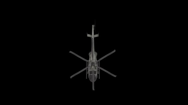 4k Light utility Helicopter Realistic 3D flying loop on the sky with top angle view animation on a black background, Military helicopter, copter render with alpha matte, civilian chopper motion