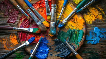 Paintbrushes with lot of different color of oil paints on them, old wooden desk in the background,...