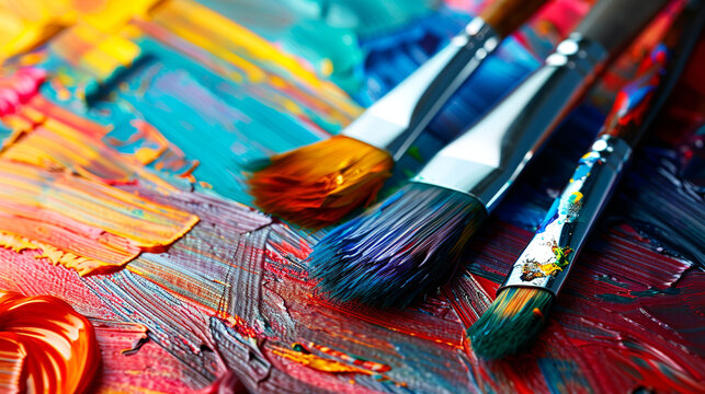 Paintbrushes with lot of different color of oil paints on them, old wooden desk in the background, colorful and vibrant banner depicting art, generative ai