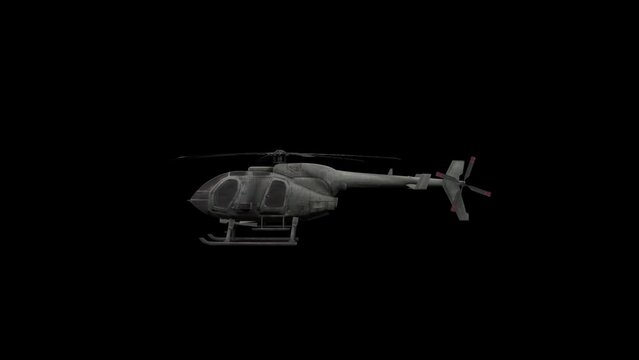 3D Helicopter leaving the ground and moving in the sky with cycle view animation on a black background, copter, helicopter take off render with alpha matte, 4k light utility civilian chopper motion