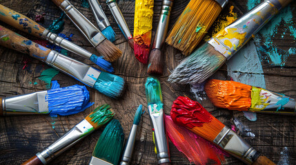 Paintbrushes with lot of different color of oil paints on them, old wooden desk in the background,...