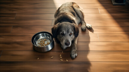A dog peacefully eating from a bowl on the floor