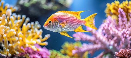 Naklejka na ściany i meble Dottyback fish swimming through vibrant coral reefs in a mesmerizing saltwater aquarium scene