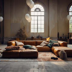 A relaxing living room with a recycled leather sofa and upcycled ottomans