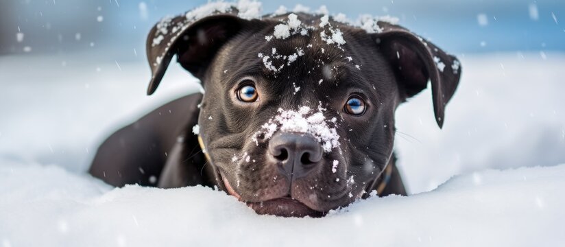 A black Pit Bull Retriever is lying down in the snow, blending in with the white surroundings. The dogs fur contrasts with the snow-covered ground, creating a striking image of winter.