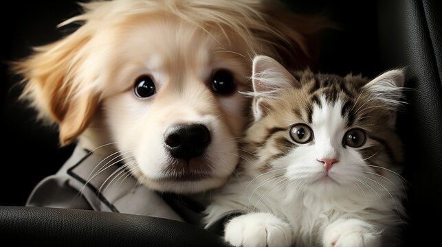 Curious kitten and playful puppy staring eagerly into the camera lens, adorable friends
