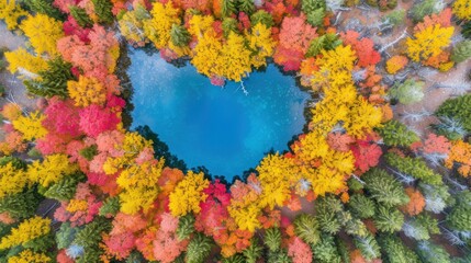 an aerial view of a heart - shaped hole in the middle of a forest filled with trees and yellow and red leaves.