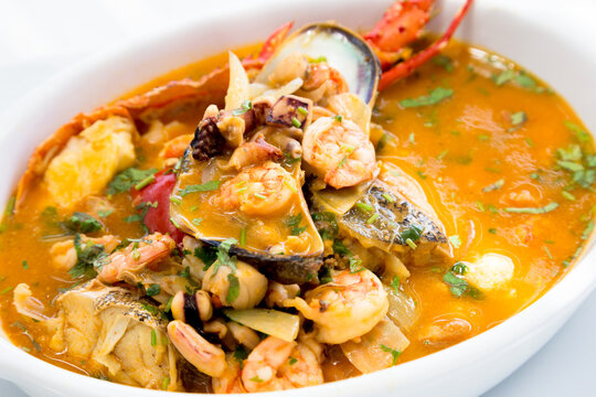 The parihuela of seafood and fish, a dish from the coast of Peru.