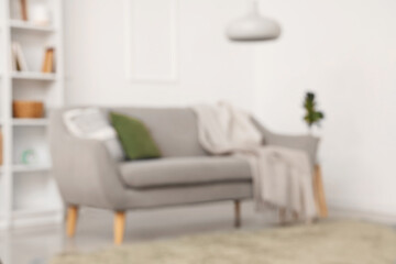 Light interior of living room with comfortable sofa, blurred view
