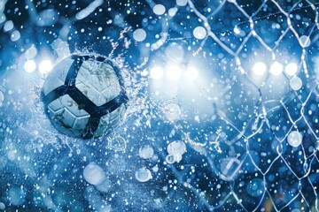 Close-up of a soccer ball hitting the wet net during a rainy night match, showcasing dynamic water splash. - obrazy, fototapety, plakaty