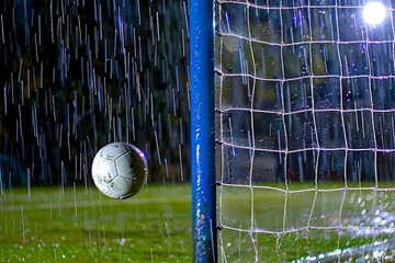 Close-up of a soccer ball hitting the wet net during a rainy night match, showcasing dynamic water splash. - obrazy, fototapety, plakaty