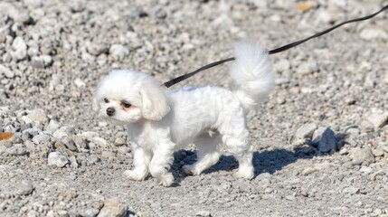 a small white dog standing on top of a gravel covered ground with a black leash on it's side.