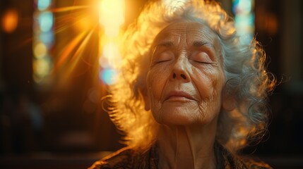 Obraz premium Aged woman praying in the church in the sunbeams shining