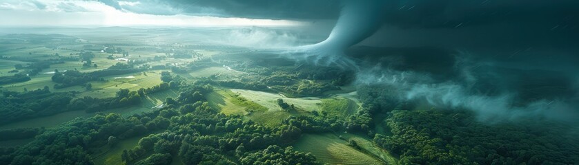 Aerial shot of a tranquil countryside scene with a tornado touching down in the distance juxtaposing the calm and chaos of the natural world