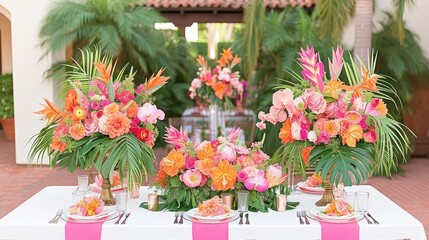 a table topped with lots of pink and orange flowers and vases filled with orange and pink flowers on top of a white table.