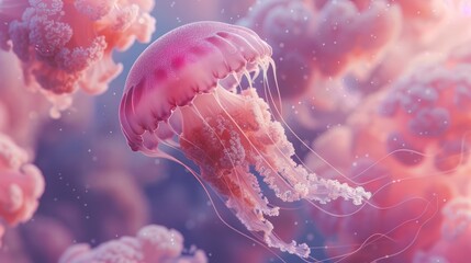 Obraz premium Aesthetic shot of a jellyfish floating among whimsical cartoon elements in a random situation presented in a minimalist art style