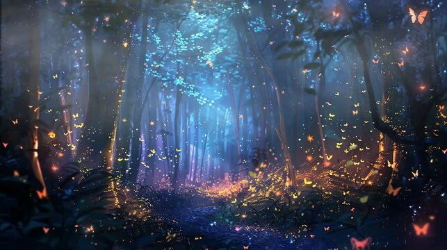 beautiful view in the forest full of colorful butterflies. seamless looping time-lapse virtual 4k video Animation Background.