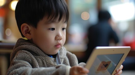 A young Asian boy deeply focused while using a digital tablet in an indoor setting.