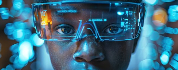 African boy learns through VR hologram minimalist tech education close up high tech study method