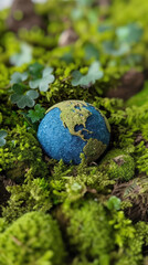 Obraz na płótnie Canvas An Earth globe on a bed of green moss, highlighting the continents with a sharp focus, ideal for environmental campaigns or educational content.