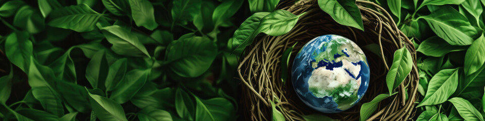 Banner with Earth nestled in greenery symbolizes nurturing our planet, ideal for environmental protection themes and Earth Day promotions.