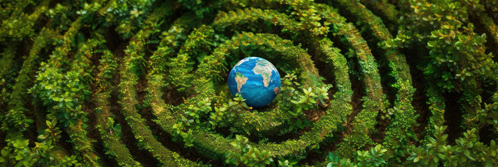 This creative representation of a globe in a green maze can serve as a metaphor for navigating environmental challenges, suitable for Earth Day awareness and eco-solutions discussions.