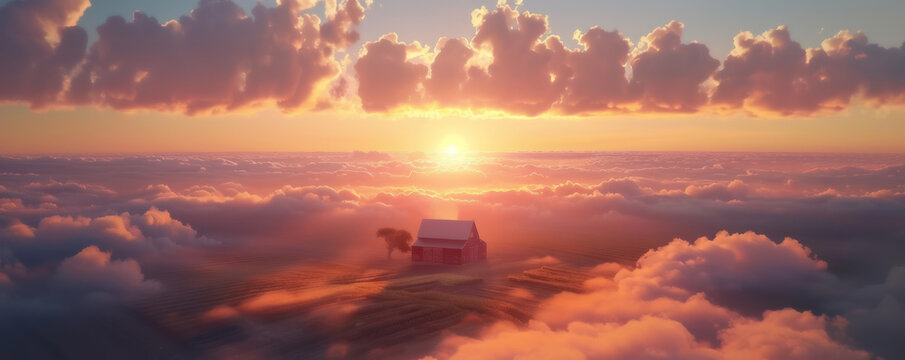 An overhead shot of a farm surrounded by fluffy clouds in the sky at sunset depicted in a serene and minimalist way