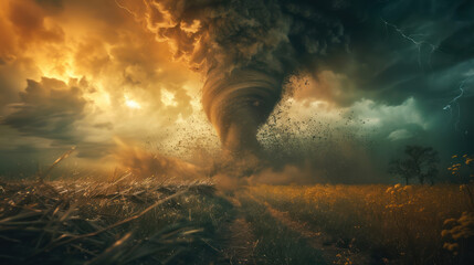Close up shot of a tornado swirling ominously in the sky capturing the chaos and power of nature in a dreamlike setting