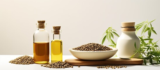 Fototapeta na wymiar On a white table, there are various bottles of oil, likely hemp products including cannabis seed oil, next to a bowl filled with seeds. The scene suggests preparation for cooking, skincare, or other