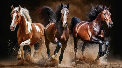 a group of three horses running through a dirt field with dust in the air and dust in the air behind them.