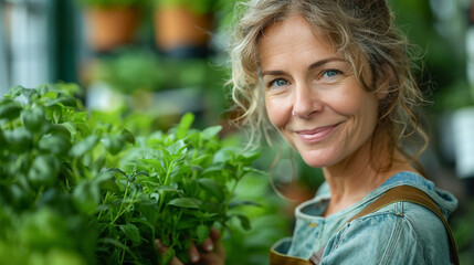 smiling mature woman picking up herbs from own home plants. Individual cultivating a herb garden at home. - obrazy, fototapety, plakaty