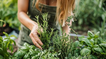 Fototapeta premium young woman picking up herbs and vegetables from own home garden. Home garden. Awoman harvests greenery.