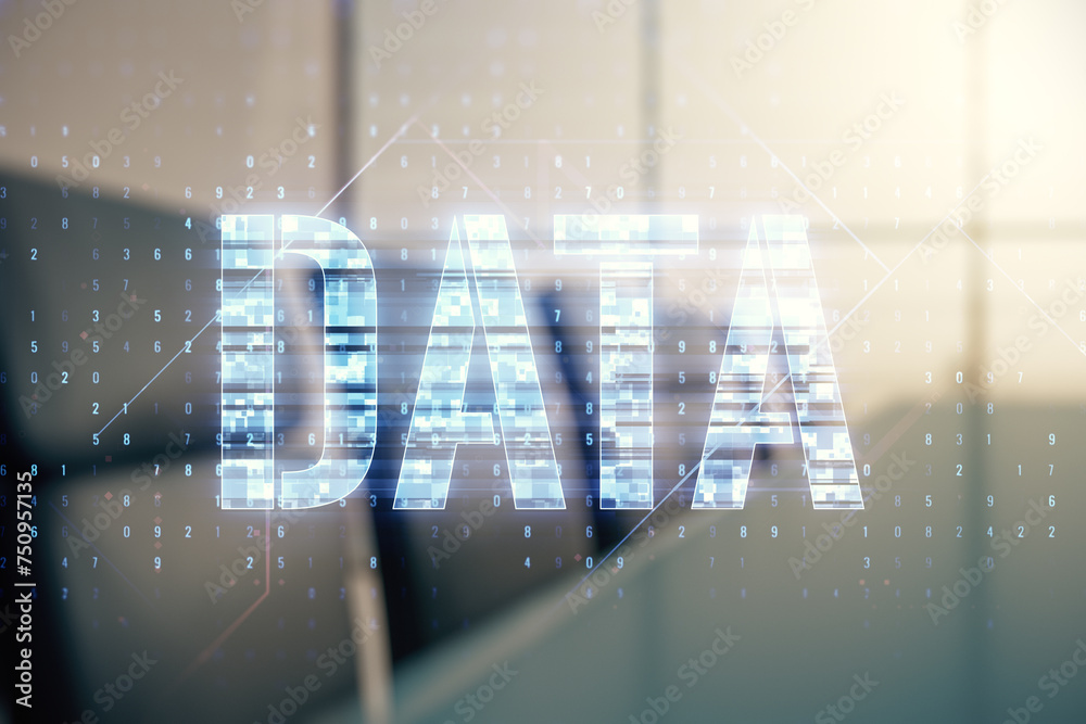 Poster Data word hologram on a modern boardroom background, big data and blockchain concept. Multiexposure