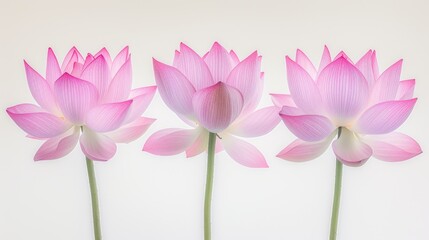 a group of three pink flowers sitting next to each other on top of a white wall in front of a white wall.