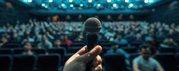 Speech Time concept. Microphone with blured auditorium in background.