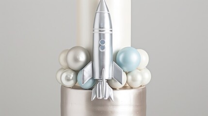 a close up of a cake with a rocket on top of it and balloons on the bottom of the cake.