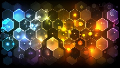 Vivid neon hexagons pattern on a dark backdrop for creating futuristic and modern design projects