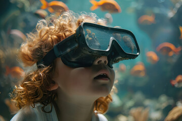 Kid s virtual reality journey with fish minimalist education technology close up of underwater peril