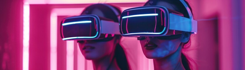 Nightlife in VR Young women s humorous dance minimalist virtual club medium shot of digital joy