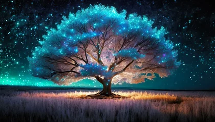 Abwaschbare Fototapete Grün blau Fantazyjne, abstrakcyjne drzewo świecące neonowym, fluorescencyjnym światłem