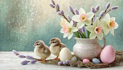  Wielkanocne tło z żonkilami, pisankami i kurczątkami