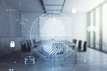 Multi exposure of virtual creative fingerprint hologram on a modern meeting room background,...
