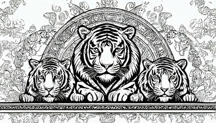 Czarno-biała tapeta, rysunek z tygrysami - obrazy, fototapety, plakaty